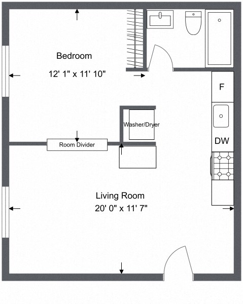 Floor plan for 1 bed, 1 bath, 531 sqft